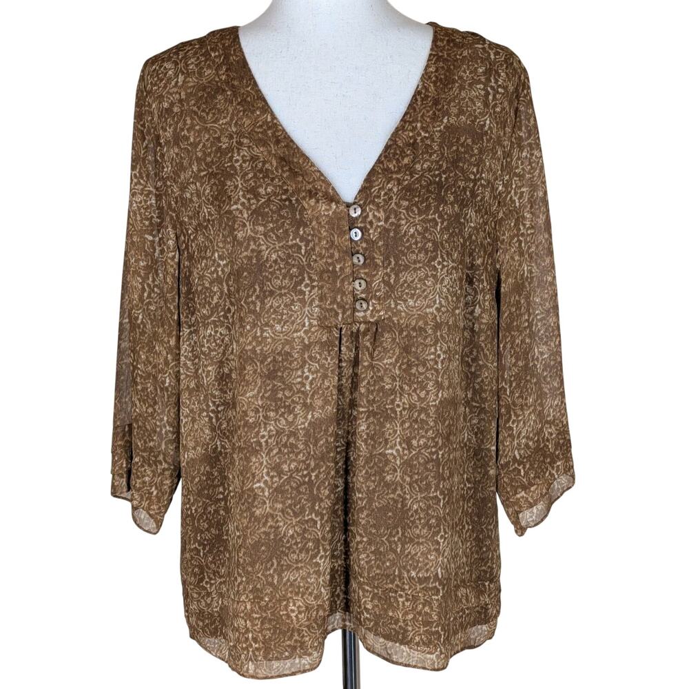 Coldwater Creek Blouse Womens Large Brown 3/4 Sleeve Henley Neck Button Casual